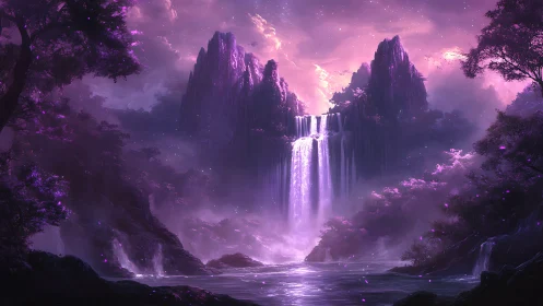 Moonlit violet waterfalls in a dreamy hidden valley.