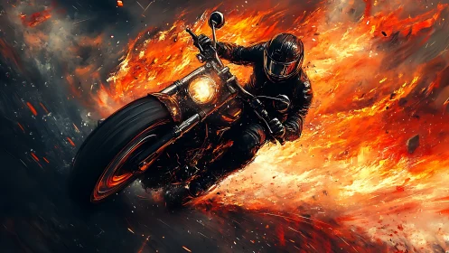 Motorcyclist riding through surrounding flames on roadway.
