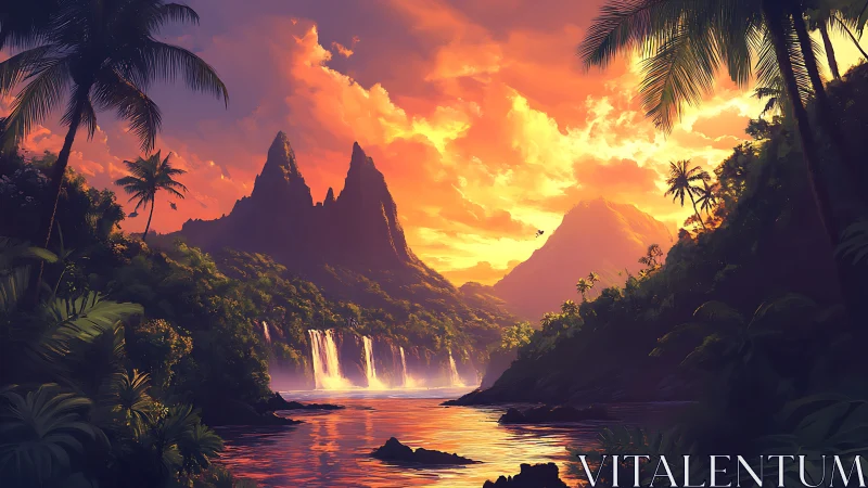 Where Molten Skies Kiss Cascading Waters in Jungle Paradise