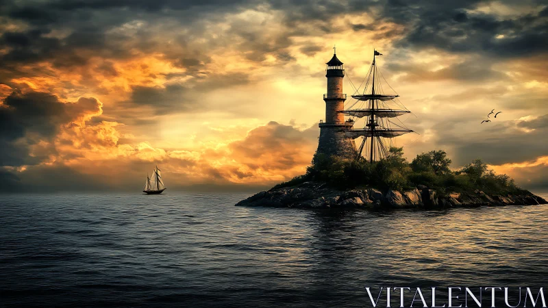 Lighthouse Island at Sunset with Sailing Vessels