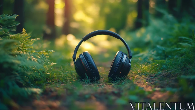 Photorealistic headphones on forest path with shallow depth of field.