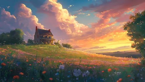 Golden sunset bathes a cozy farmhouse on a wildflower hill