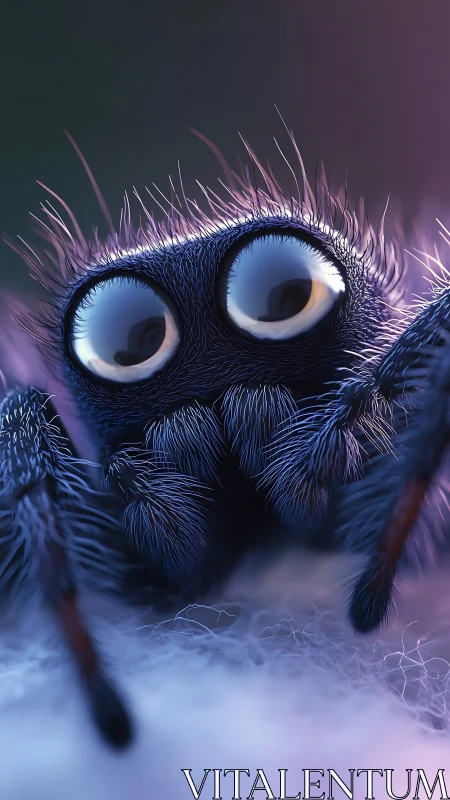 Bright-eyed fuzzy spider in dreamy purple light.