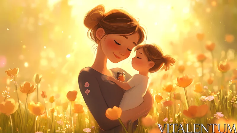 Mother and Child in Golden Light Embrace.