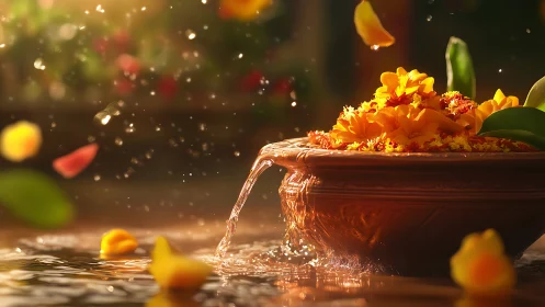 Golden flower bowl overflows in warm evening sunlight.