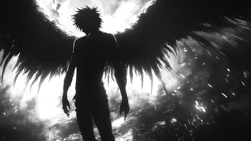 Silhouetted winged figure against high contrast sky field.