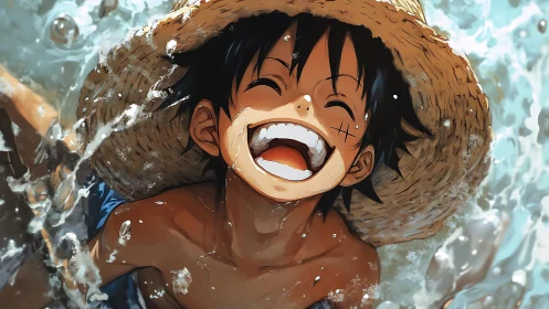 Laughing boy in straw hat splashes through bright seawater