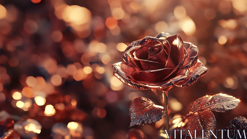 Metallic rose sculpture under warm defocused lighting.