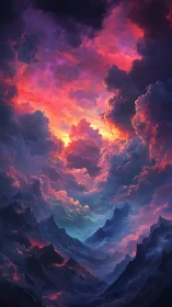 Storm-torn mountains glow under radiant cosmic sunset sky