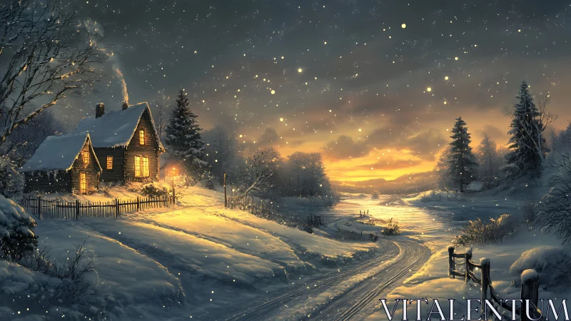 Cozy snowy cottage glowing beside a peaceful winter river.