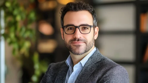 Confident professional man in glasses poses in modern office.