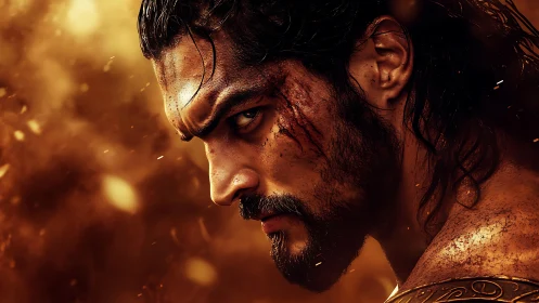 Profile view shows injured male warrior in heated environment