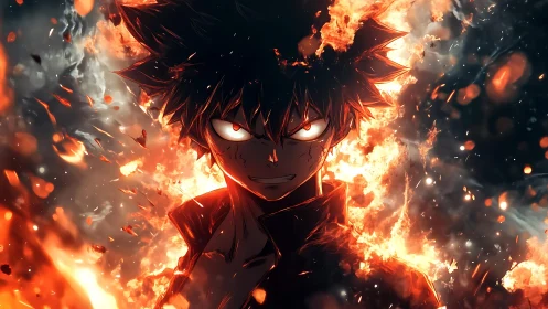 Anime figure stands centered amid controlled surrounding flames