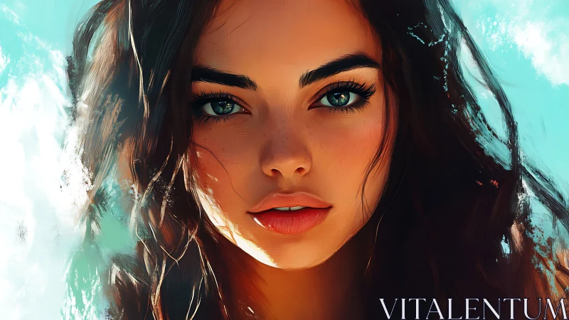 Sunlit portrait of a woman with vivid teal eyes gazing ahead.