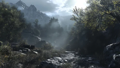 Foggy mountain forest trail under bright morning light.