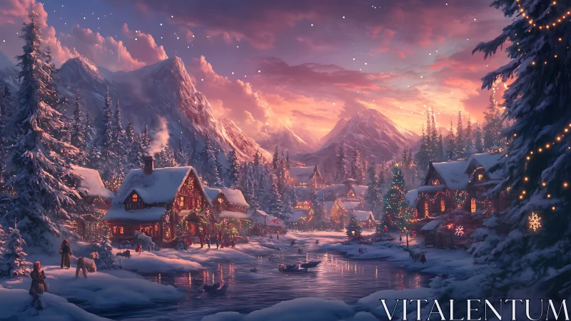 Snow-covered alpine Christmas village at sunset by river