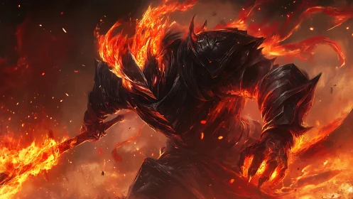 Flaming armored demon warrior strides through molten chaos