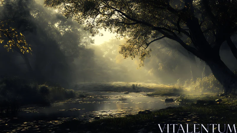 Mystical forest river in cinematic sunrise volumetric light.