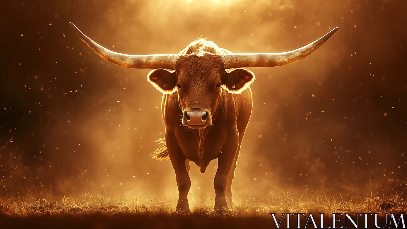 Longhorn bull standing in glowing golden backlight field.