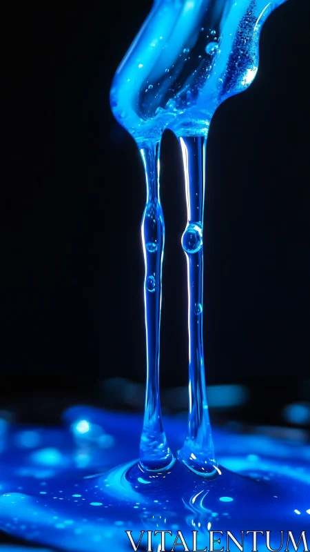 Close-up view of viscous blue liquid strands under light.
