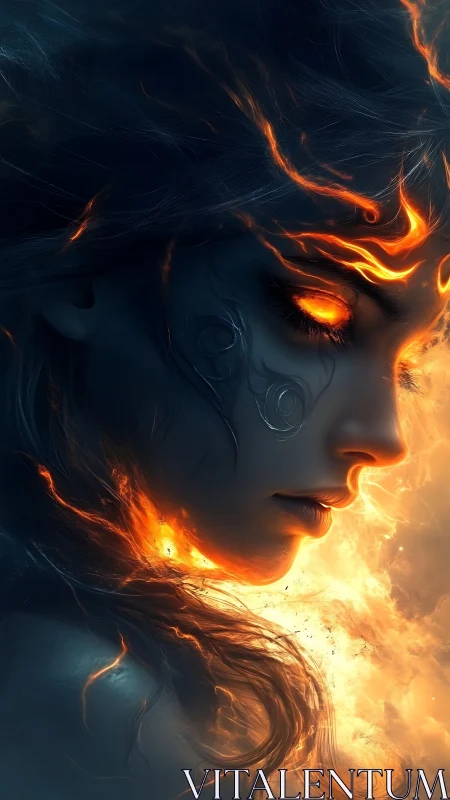 Volumetric-lit fire spirit portrait with molten ember eye profile