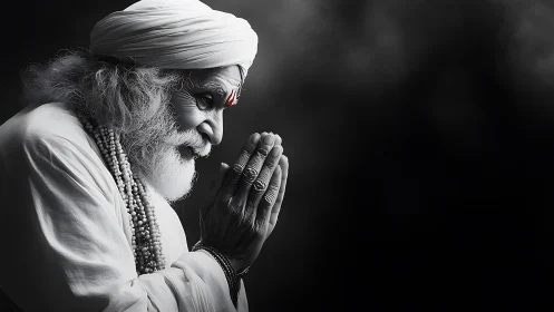 Monochrome side portrait of praying elderly guru in profile
