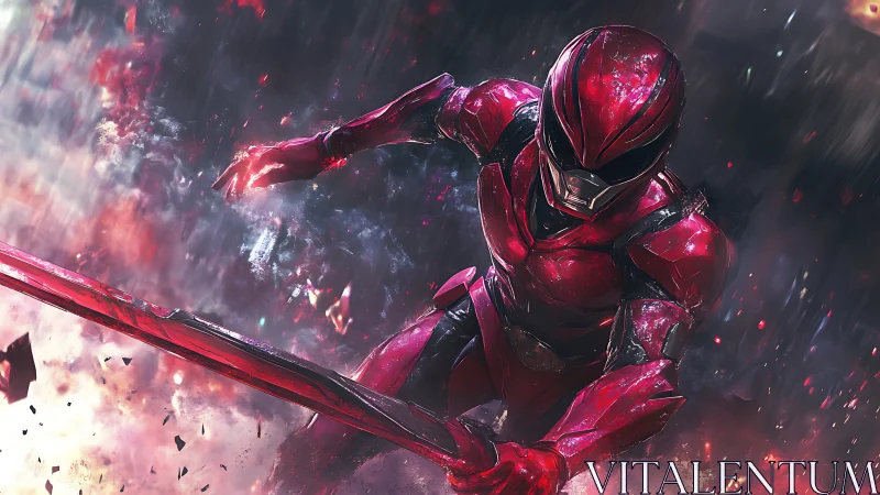 Armored red warrior charges through smoke in blazing combat