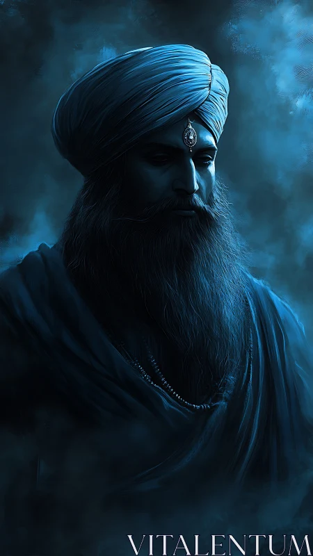 Serene turbaned sage emerges from deep blue shadows