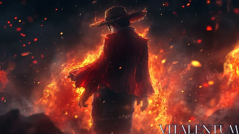 Backlit straw‑hatted figure in pyroclastic digital inferno.