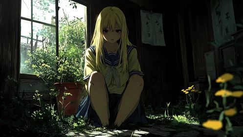 Lonely schoolgirl sits in overgrown abandoned wooden room