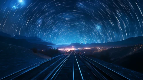 Railway perspective aligns with radial star trails over valley town