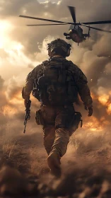 Sunlit soldier walking toward the roar of the helicopter.