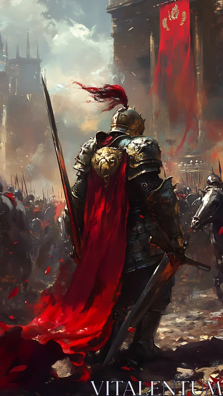Armored warlord commands crimson-bannered siege line.