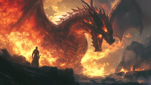 Inferno dragon looms over lone hero on a burning shore.
