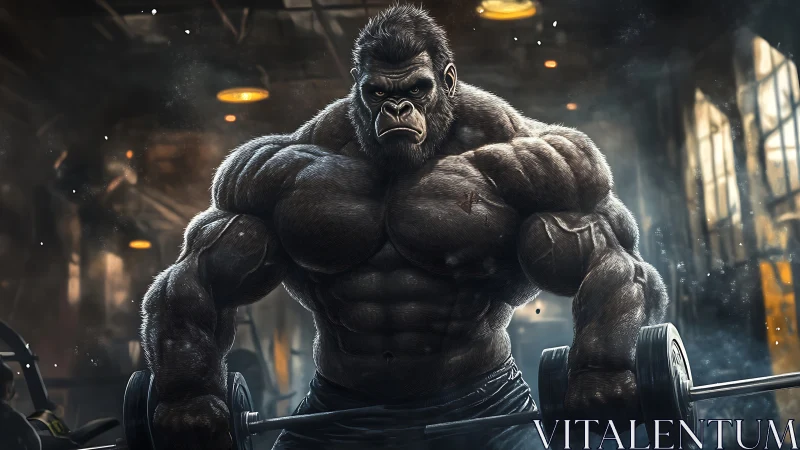 Gorilla gym legend lifting heavy in a smoky iron temple.