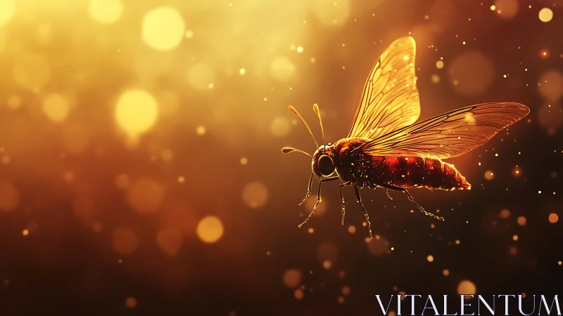 Macro digital painting of luminous insect in bokeh field.