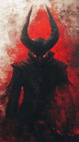 Horned shadow warlord emerging from crimson misted void.