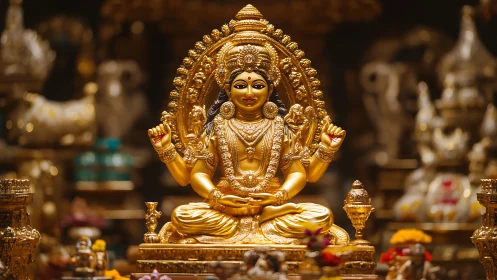Golden Hindu deity statue under warm ceremonial lighting.