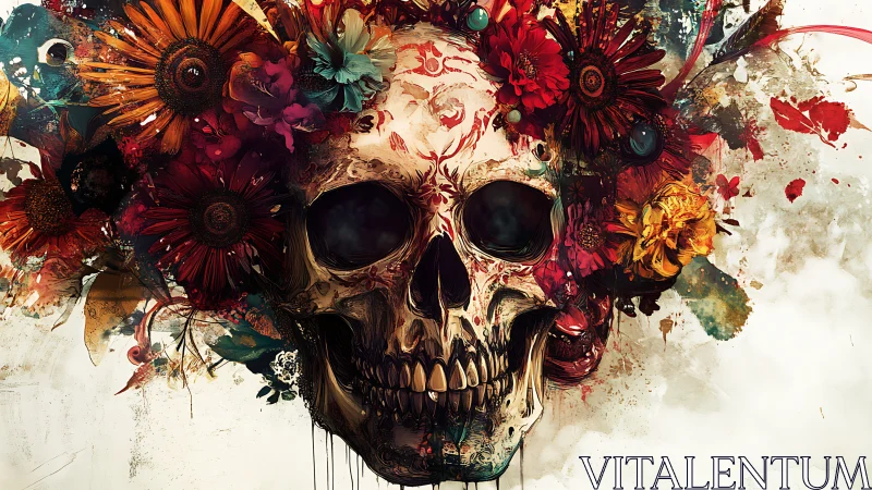 Skull blooms into riotous flowers and pirouetting splashes
