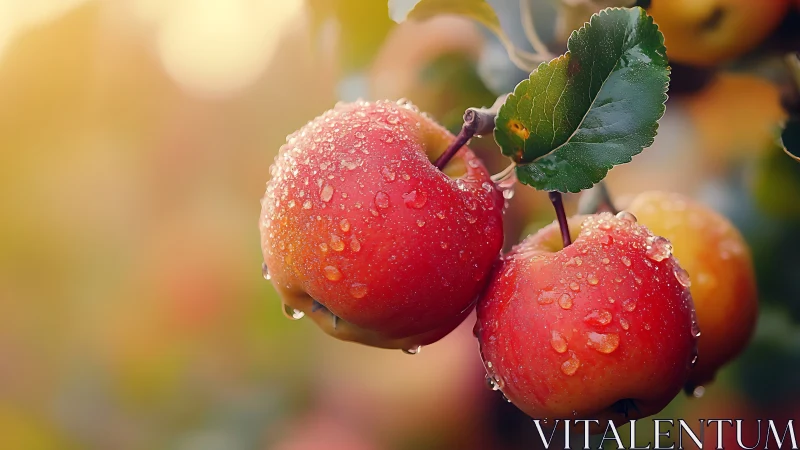 Morning dew sparkles gently on ripe red apples on the tree