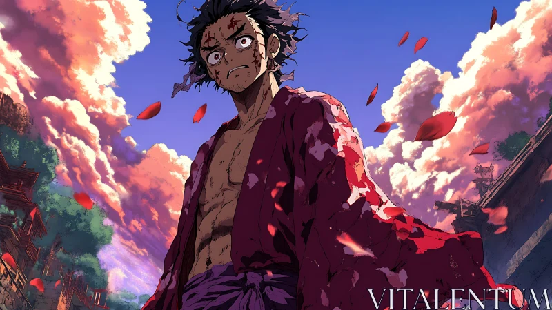 Bloodied samurai stands under burning clouds and falling petals