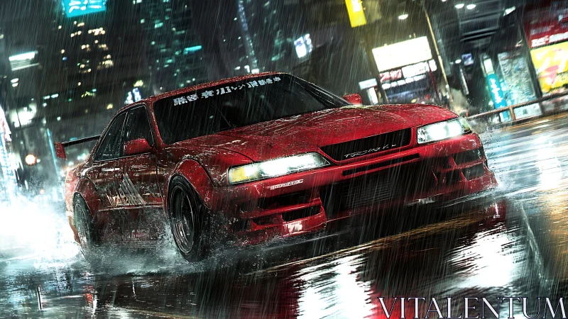 Red street predator car slices neon rain on midnight asphalt