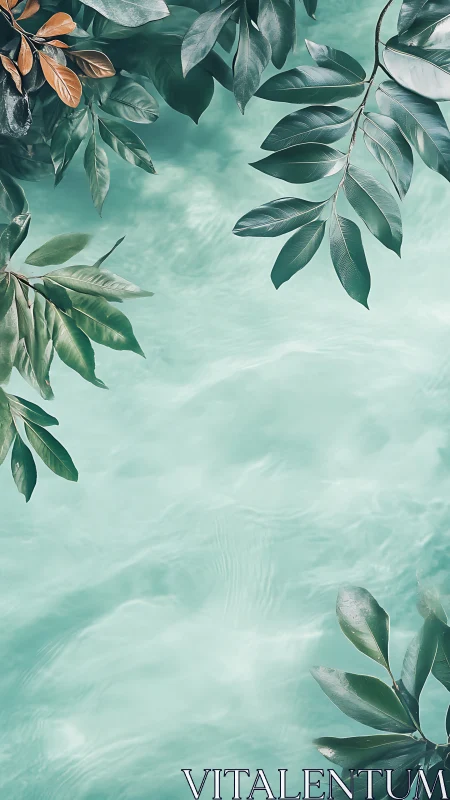 Gentle turquoise water cradled by glossy tropical leaves.