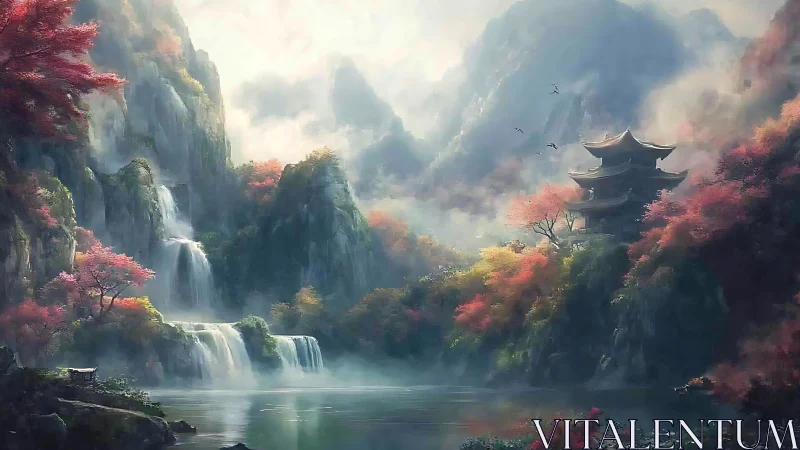 Mountain lake landscape shows waterfalls and tiered pagoda