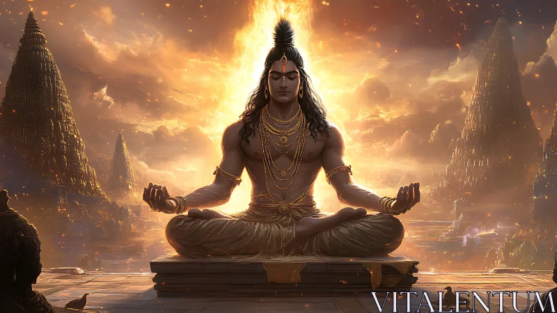 Divine yogi meditates before blazing celestial temples at dawn