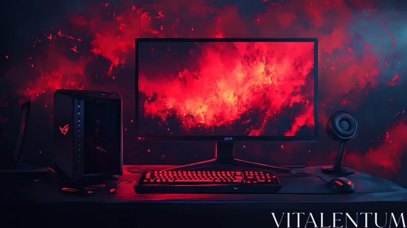Gaming desktop setup with fiery red monitor glow.