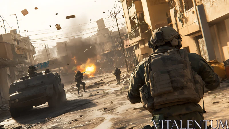 Urban military engagement scene with armored vehicle and troops.