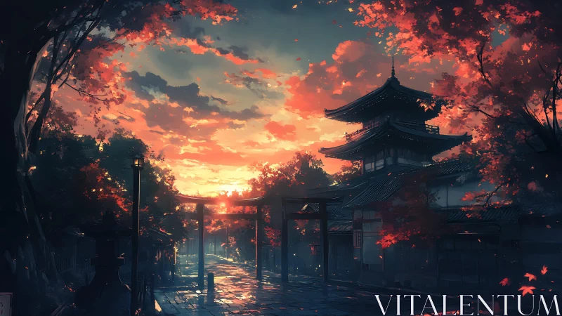 Crimson temple evening where autumn lanterns quietly breathe.
