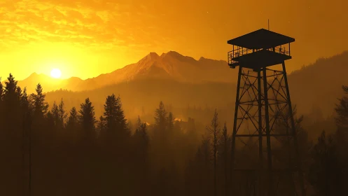 Silhouetted fire lookout tower against alpine sunrise haze