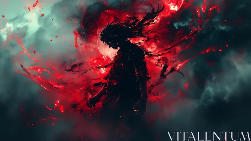 Dark warrior silhouette radiates swirling crimson energy